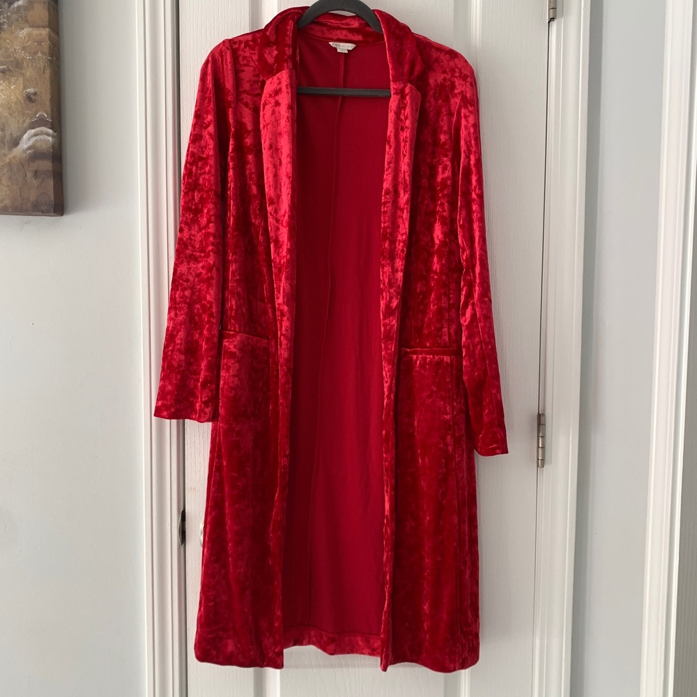 Cato Women's Red Crushed Velvet‎ Longline Kimono Duster